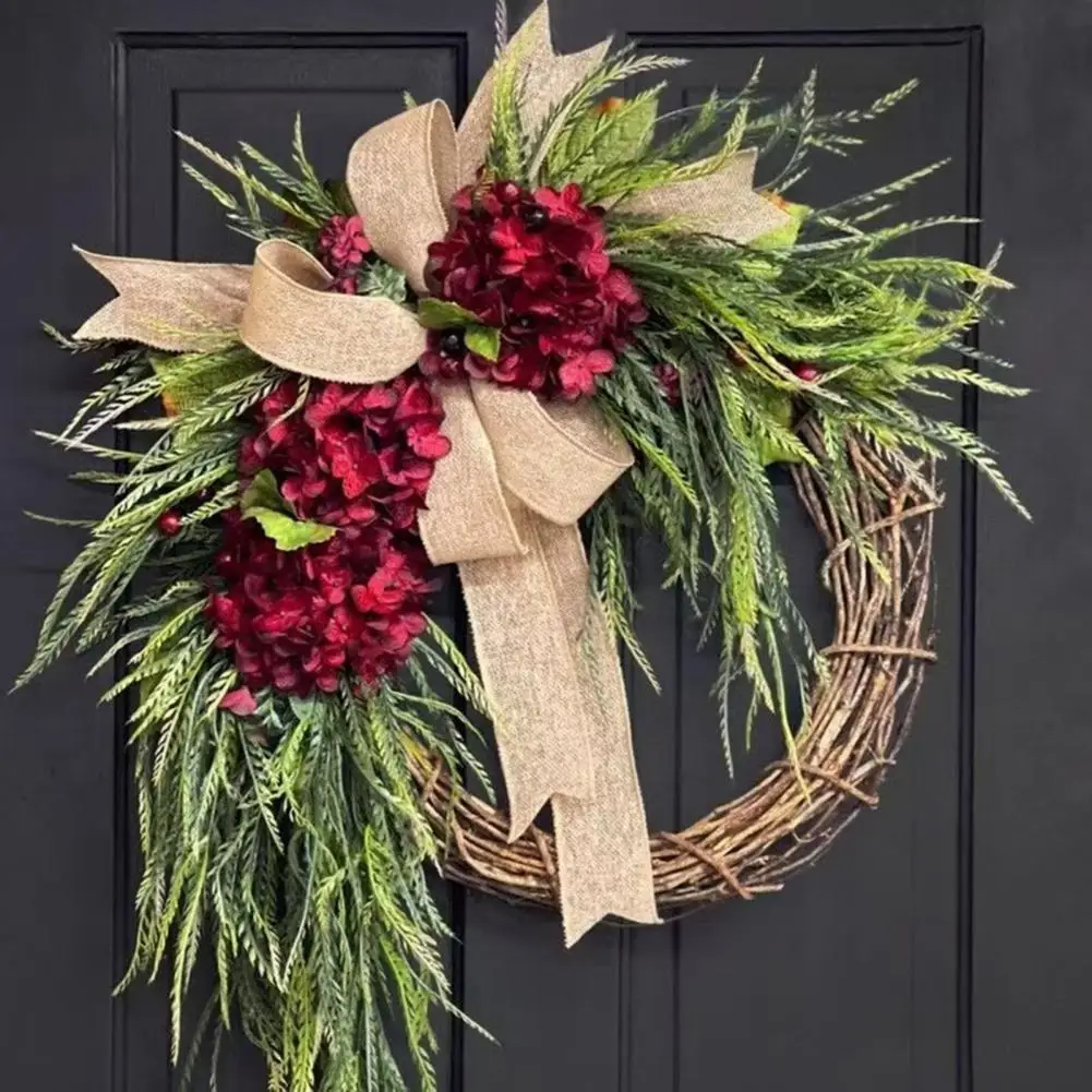 Rustic Hydrangea Wreath Decor Farmhouse Floral Garland with Bow Artificial Flower Wall Hanging for Home Door Wedding Decor