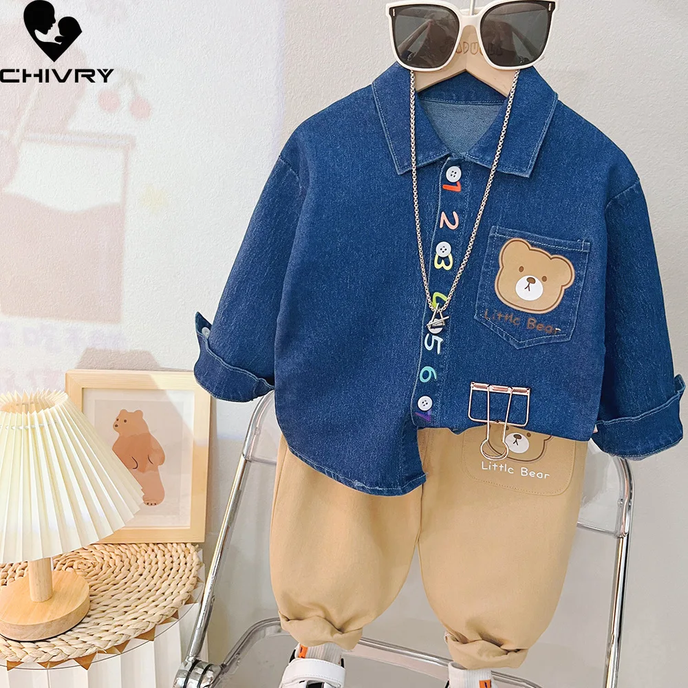 New 2023 Kids Baby Spring Autumn Cartoon Bear Letter Lapel Long Sleeve Denim Shirt Tops with Pants Boys Fashion Clothing Sets