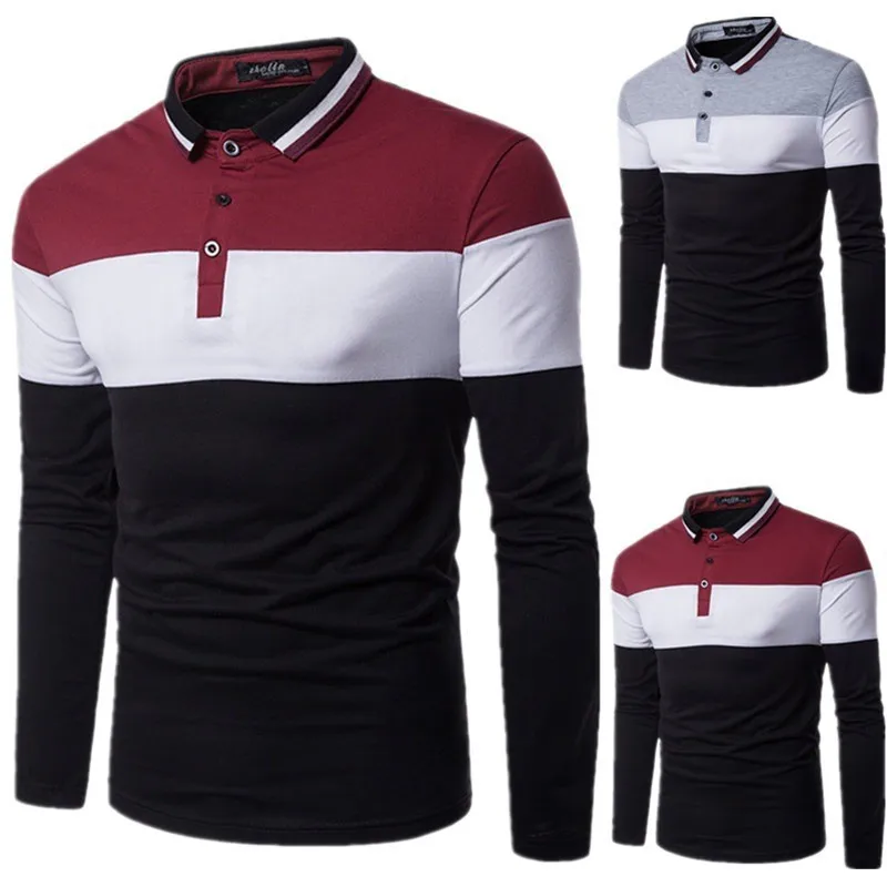 Spring Men's Fashion Color Matching Neckline Long-sleeved T-shirt Men's Casual Lapel Polo Shirt