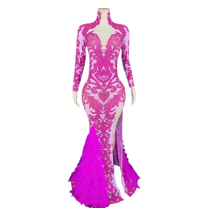

Diamond Birthday Dress Ladies Rose Feather High Split Party Ladies Evening Dress Elegant Shine Vestido Cerimônia Mulher Elegante