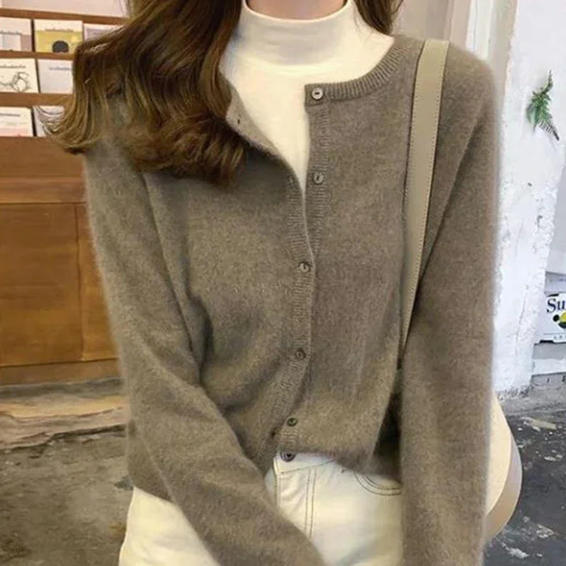 

Spring Autumn Women's Knitted Cardigan 2024 Korean Single Breasted Long Sleeve Jumper Woman Chic Round Neck Cardigans Outwear