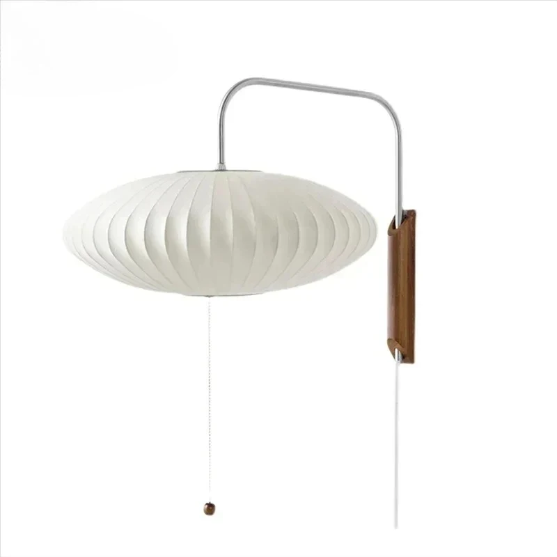 Modern Japanese Style Wall Lamp with Pull Chain Walnut Wood Base Silk Shade LED Bedside Wall Sconce Bedroom Living Room