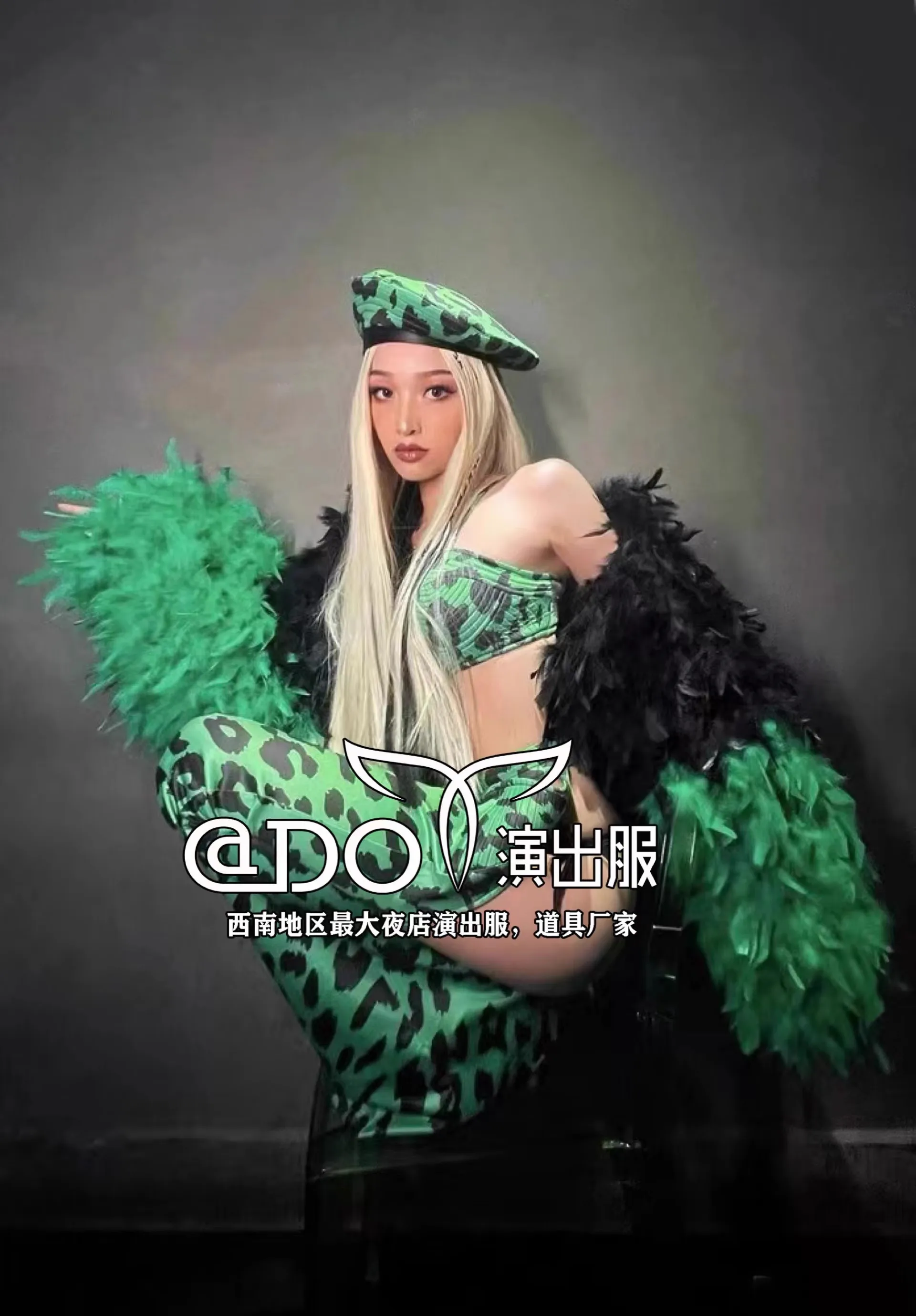 

Green Leopard Print Feather Jacket+Hat+Bra+Shorts+Pants Costume Sexy GOGO Singer Dance Stage Wear Nightclub Bar Party Outfit