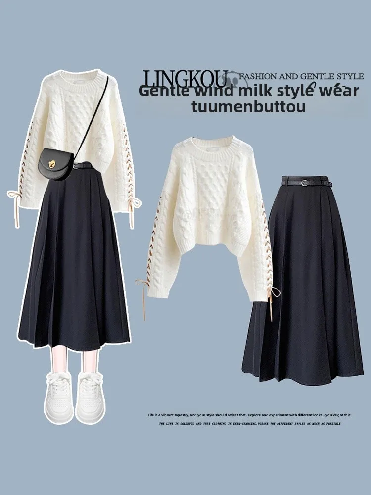 

Яркий вязаный комплект из свитера и юбки в студенческом стиле для молодых женщин: модный и омолаживающий образ для осени