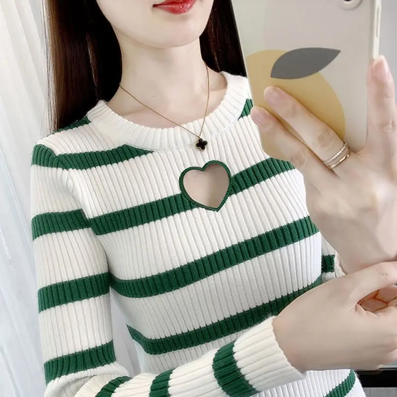 

Wholesale Spring And Autumn Striped Round Neck Peach Heart Long Sleeve Sweater Women'S Foreign Style Slim All-Match New