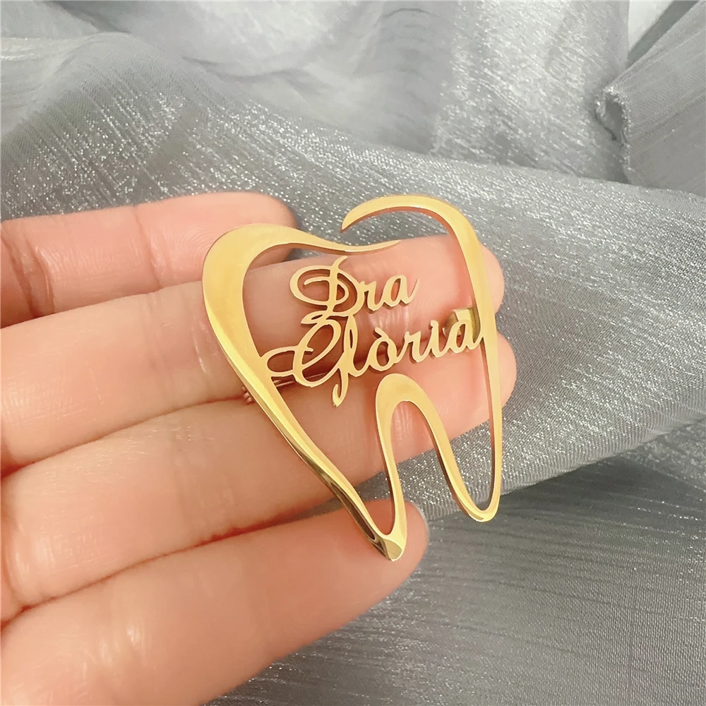 Creative Tooth Shape Stainless Steel Custom Brooch Pins Engrave Name Personalized Company Nameplate Brooches Pin Jewelry Gift