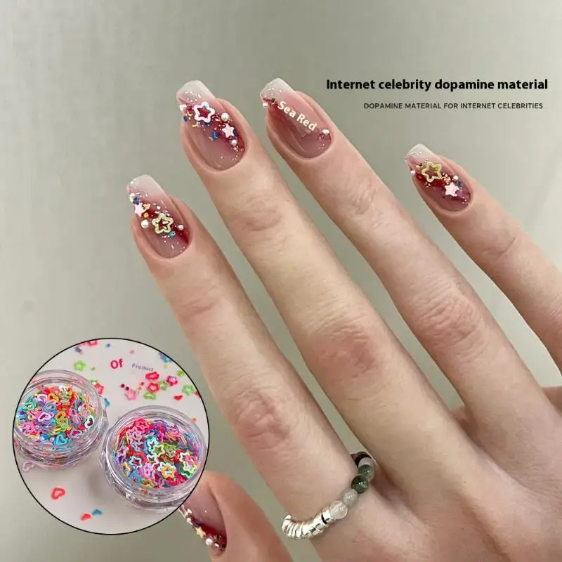 1 caixa de glitter para unhas de dopamina, cores mistas, oco, pentagrama em forma de coração, pérola, arte de unhas, acessórios de decoração de unhas