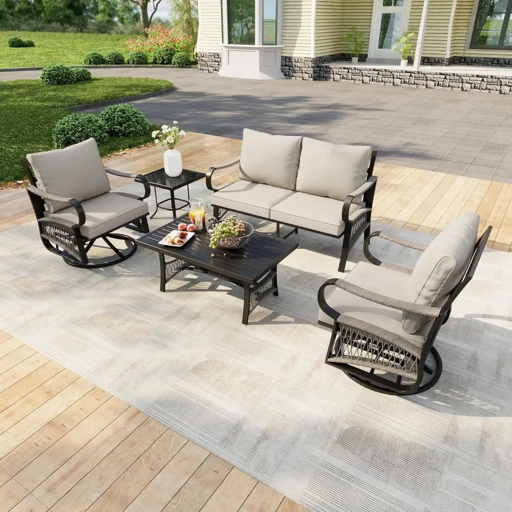 

Outdoor Patio Furniture Set: 5-Piece Metal Swivel Rocking Chairs with Side Table, Loveseat Sofa, and Coffee Table for Deck, Porc