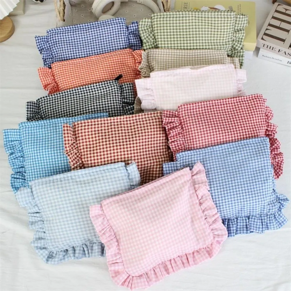 Durable Ruffle Plaid Makeup Bag Large Capacity Portable Cosmetic Pouch Zipper Handbag Home&Travel
