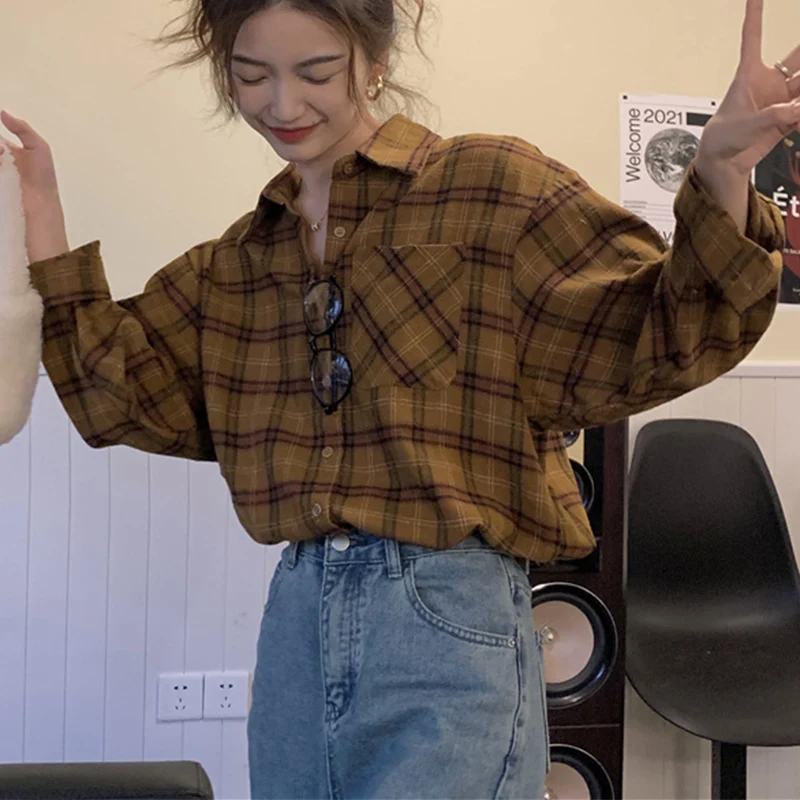 Alle Match Mix Kleur Geruite Shirts Vrouwen Herfst Winter Single Breasted Lange Mouw Vrouw Turn Down Kraag Blouses Vrouwelijke