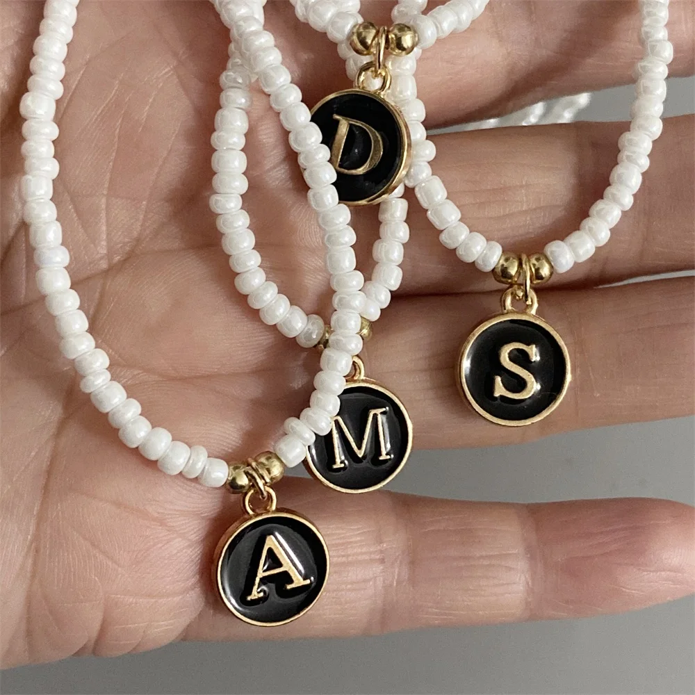 letters initial pendant necklace diy name White Color Seed Bead Necklaces for Women Round Black Letter Woman\'s Choker jewelry