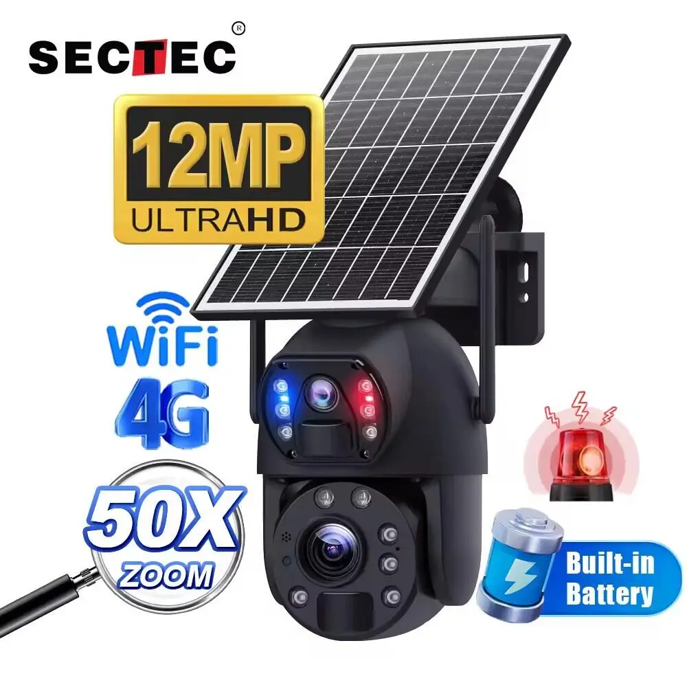 Sectec 12MP Solar Powered Camera 50X Optical 4G / WIFI Surveillance Cameras Solar Energy Night Vision with 6W Solar Panel Ubox
