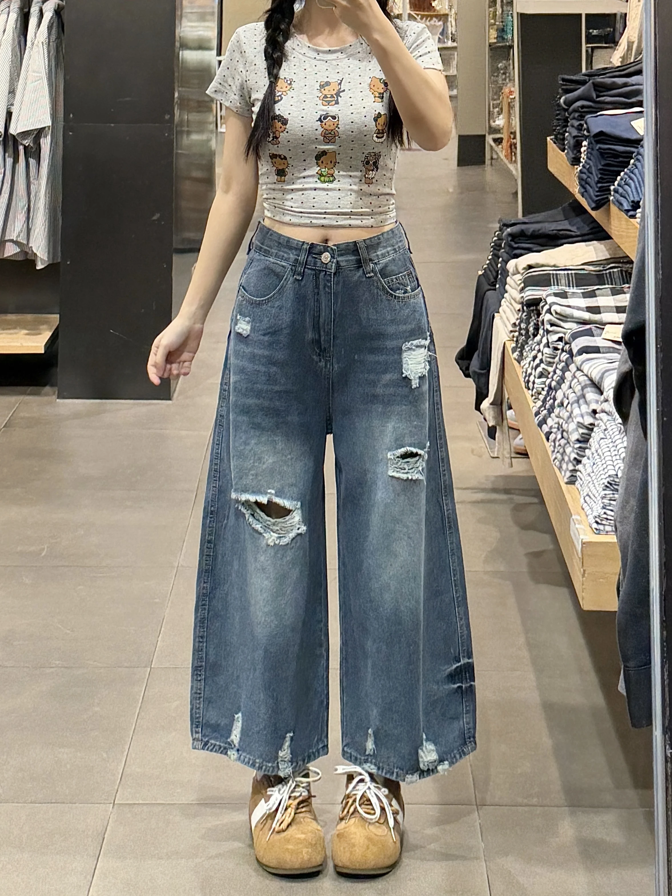 

High Waist Wide Leg Jeans Women's Ripped Straight Cut Summer Loose Fit Denim Pants plus Size Vintage Style Casual Trousers