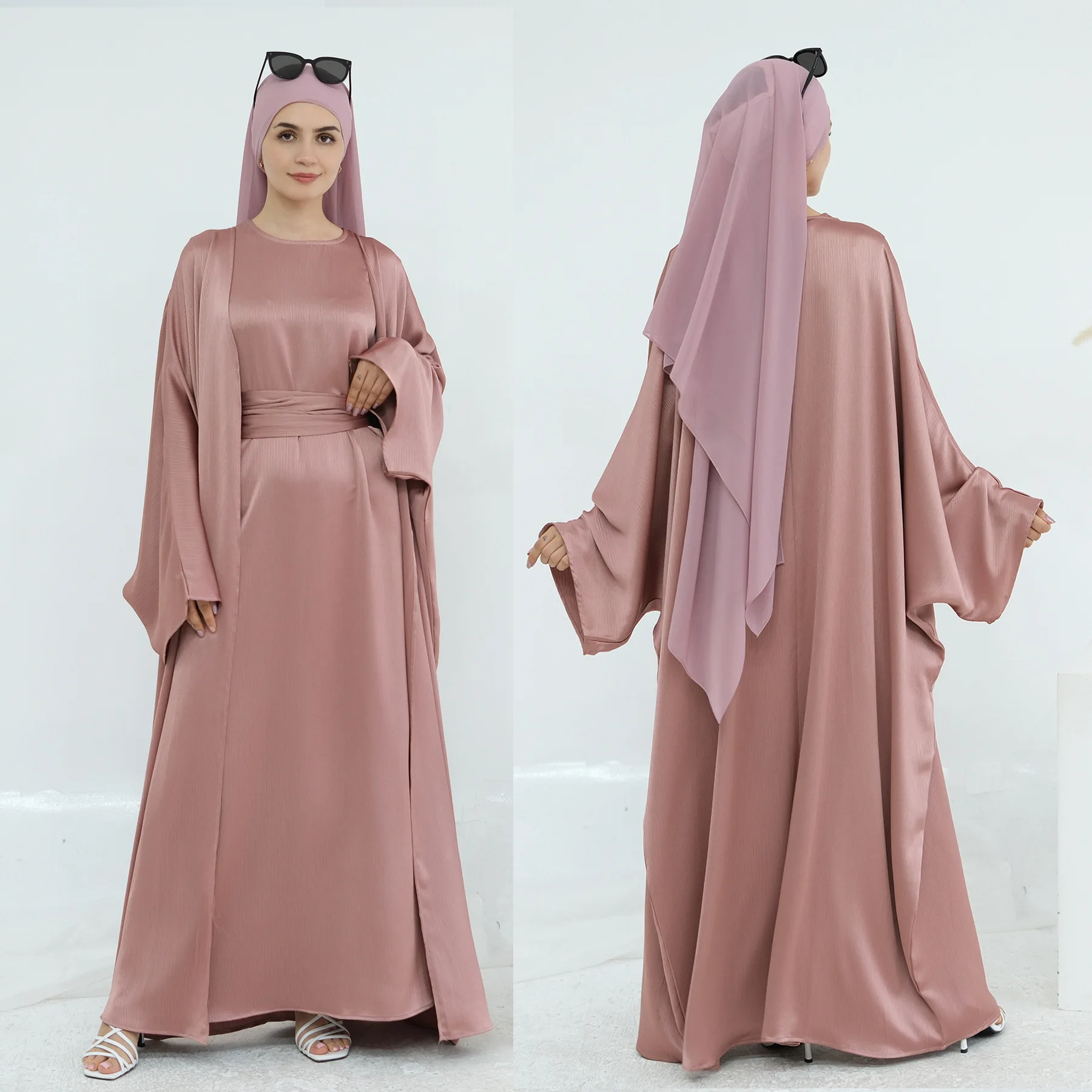 Conjunto de 2 piezas a juego Abaya abierto liso musulmán mujeres cárdigan vestido interior traje Dubai Kaftan árabe islámico bata Ramadán Kimono vestido