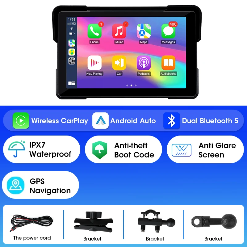 7-inch draagbare motorfiets GPS-navigatie IPX7 waterdicht LCD-scherm voor draadloze CarPlay Android Auto-ondersteuning DVR TPMS