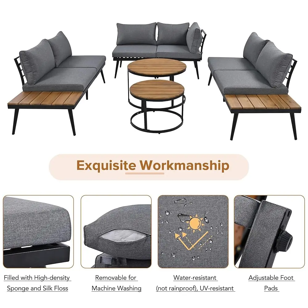 6 Piece Outdoor Sectional Sofa Set, Patio Sofa Set With Round Nesting Coffee Tables And Seating Sofa With Cushions, For Pool