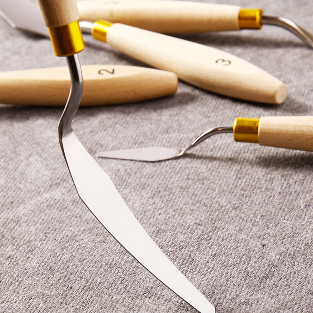 

5 pcs Oil Painting Scrapers Stainless Steel Blades Wooden Handle Anti-Slip Mixing Mural Art Tools For Artists Students Teachers