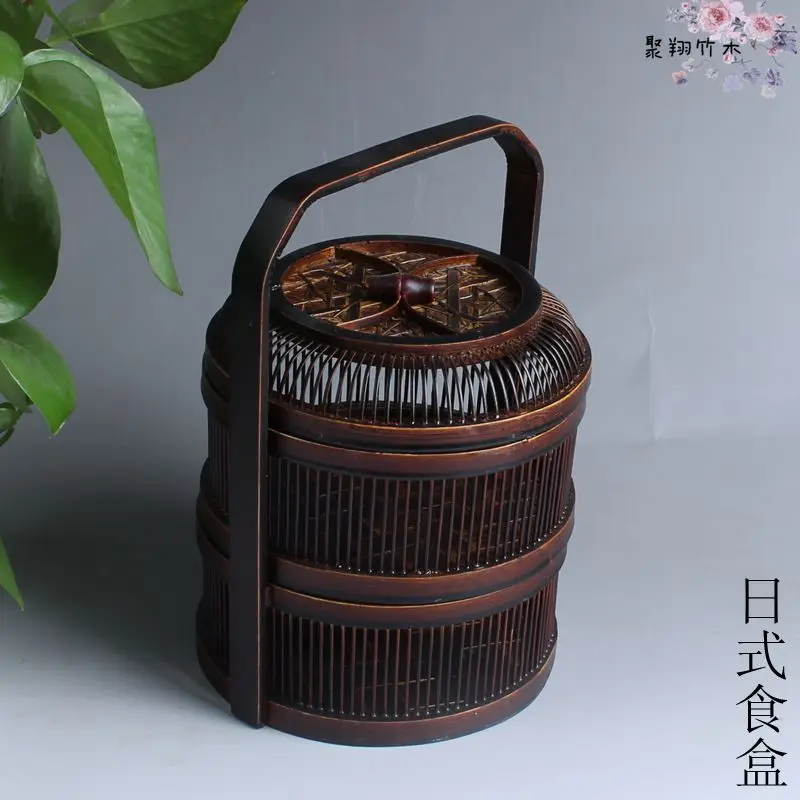 Retro Japanese Style Bamboo Woven Food Container Double Layer Tea Set Storage Box Lacquerware Cabas Fruit Basket Pastry Plate