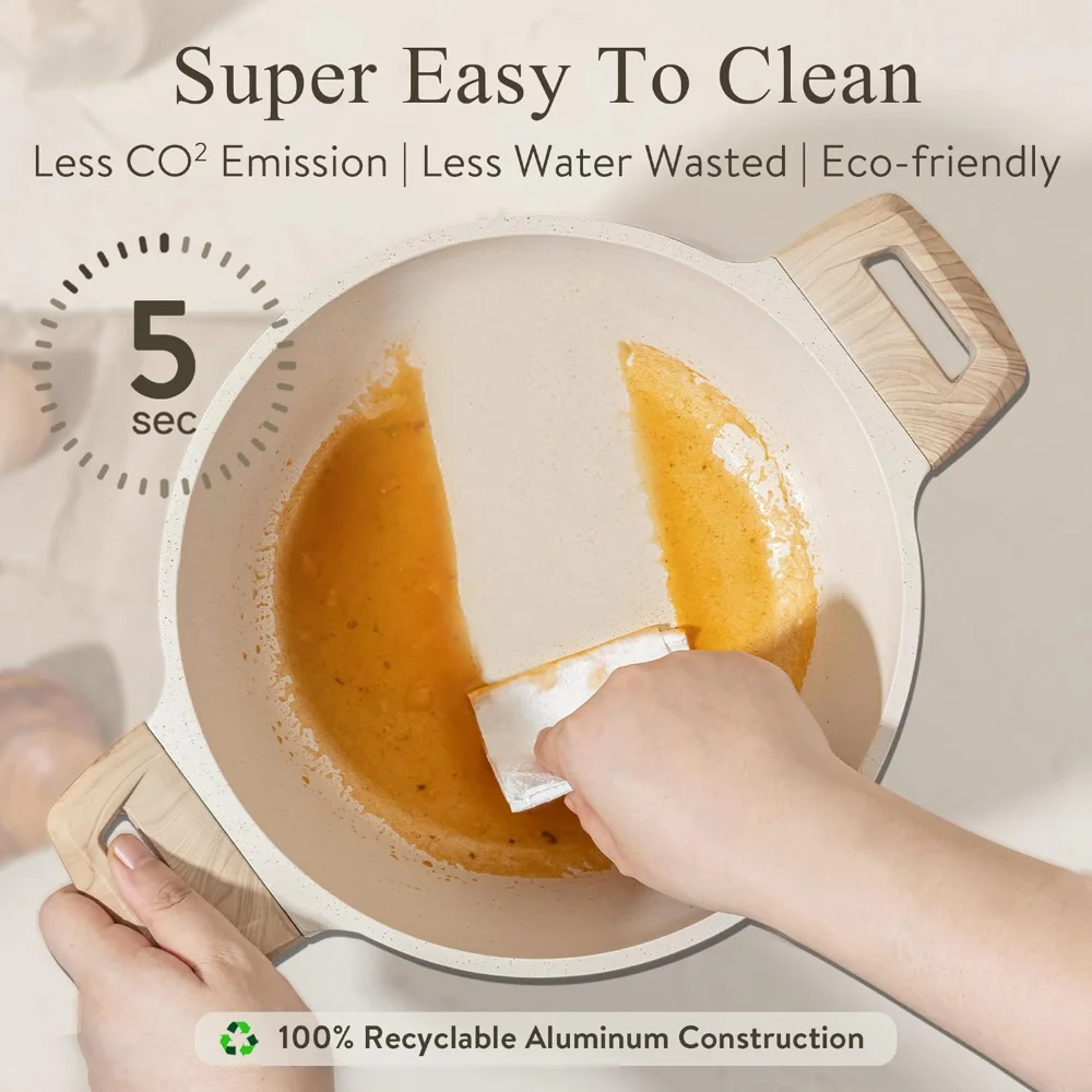 CAROTE Pots and Pans Set Nonstick, White Granite Induction Kitchen Cookware Set, 10 Pcs Non Stick Cooking Set w/Frying Pans