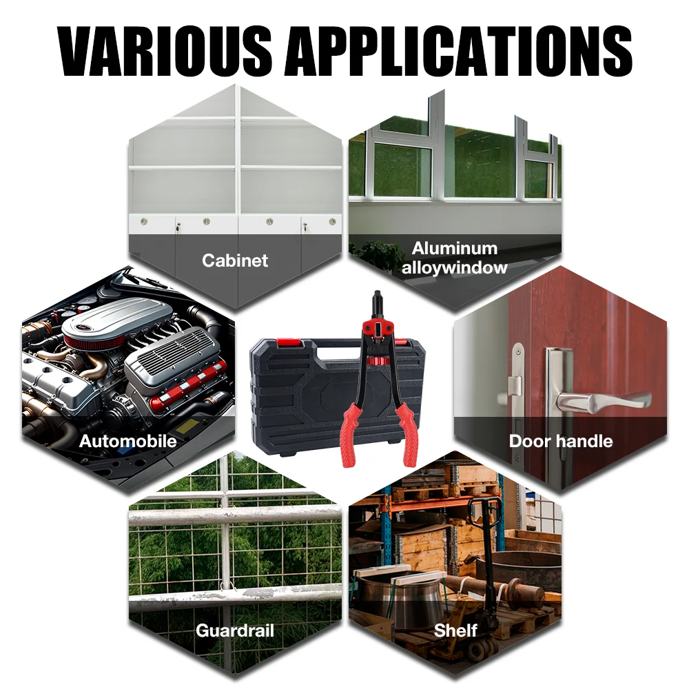 أداة صامولة برشام 3 في 1، مسدس برشام، مجموعة مخرطة، برشام يدوي جديد، أداة ملولبة احترافية، مجموعة برشام شديدة التحمل، مع 5 رؤوس برشام و6 محاور مترية