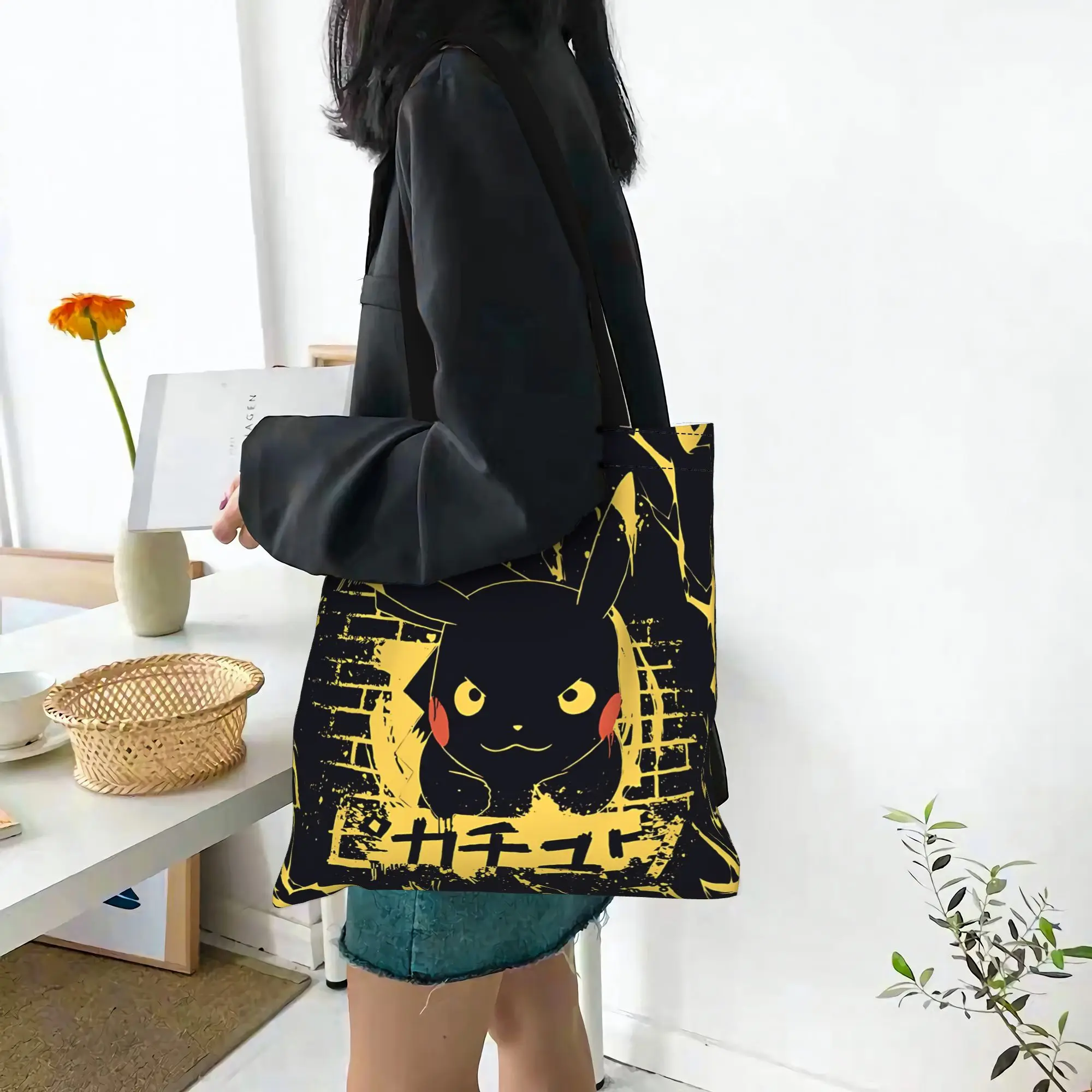 Customized Pokemon Women's Bag Shopping Bag Reusable Double Sided Canvas Tote Bag Shoulder Pikachu Handbag