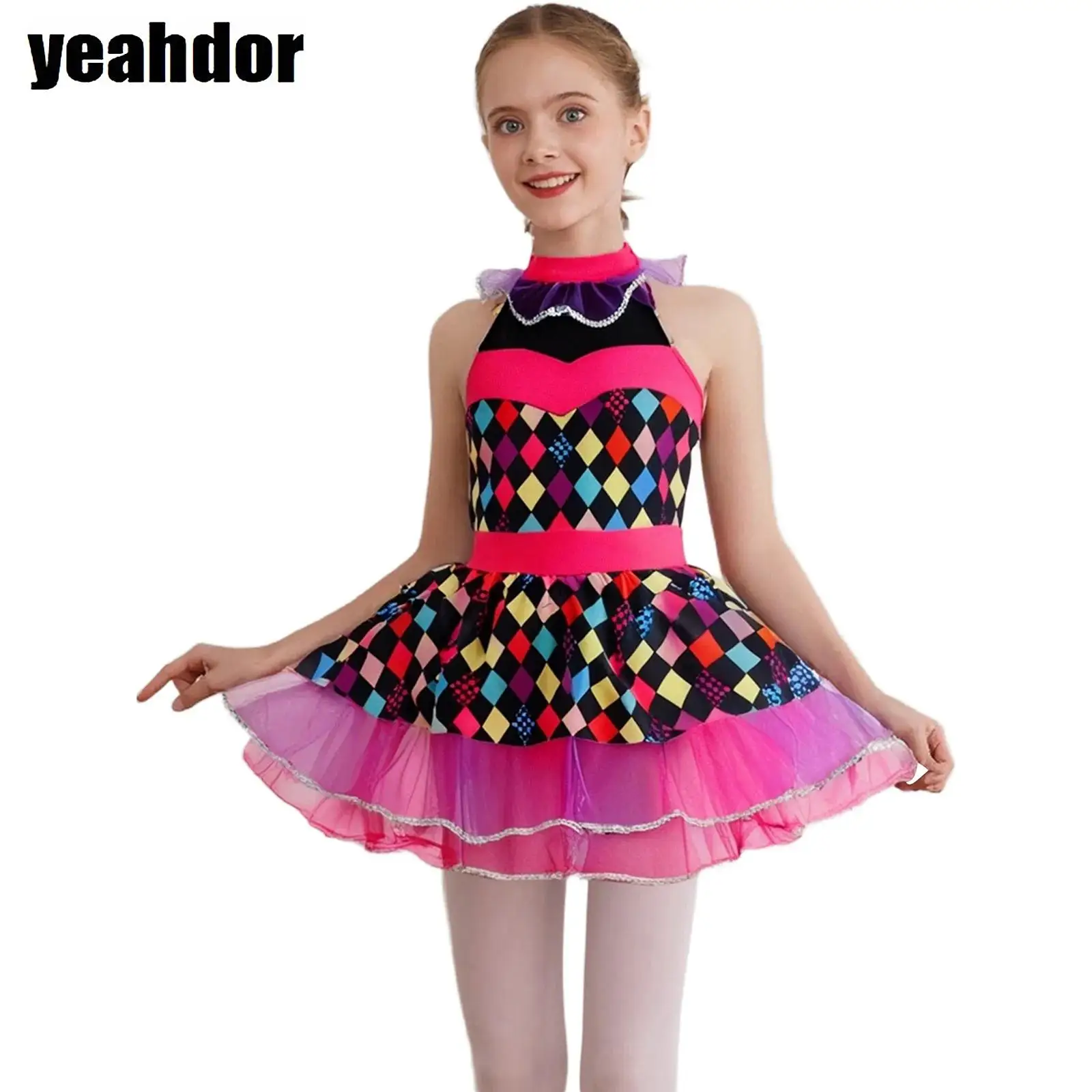 

Цирковой клоун для девочек, карнавальный костюм, цветные блоки, лоскутная бретелька на шее, пышная сетчатая юбка без рукавов, платье-пачка, купальник