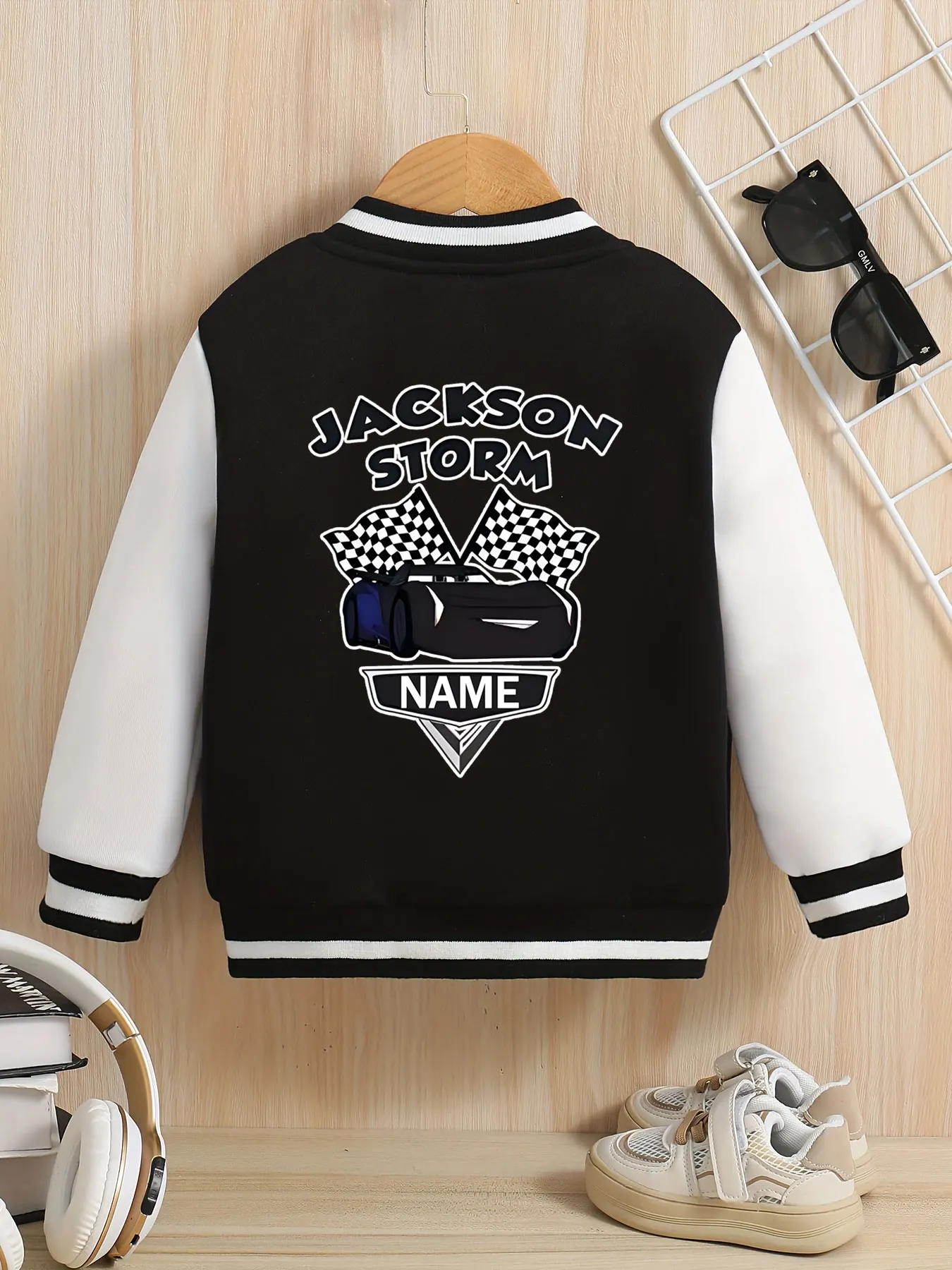 MINISO Disney Cars Black Storm Jackson children's baseball jacket - Black Storm Jackson racing image, hardcore eye-catching, sui