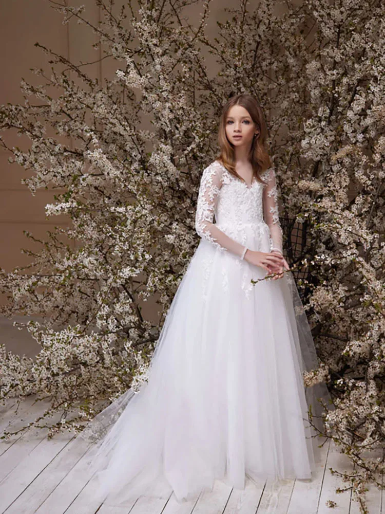 Vestido blanco de flores para niña, apliques de tul, princesa para niños, vestido elegante a medida para cumpleaños, graduación, comunión, ocasión formal, vestido de fiesta de boda