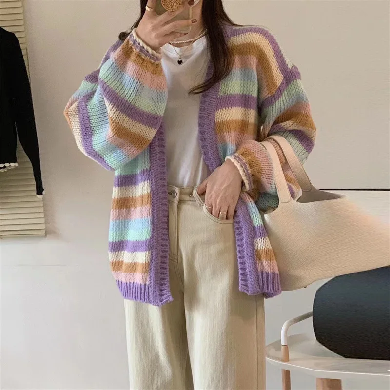 Casual Patchwork Women Knitted Cardigans Autumn Long Lantern Sleeve Crochet Sweaters Female 2024 O-neck Loose Elegant Streetwear