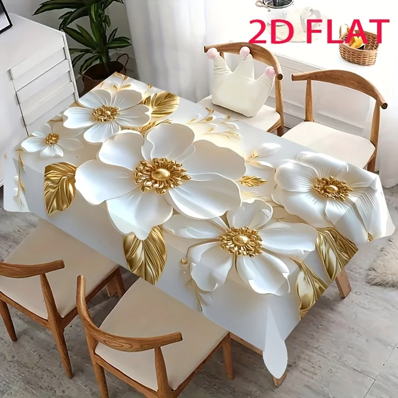 Tablecloth, 1pc, 2D Flat, Luxurious Golden and White Floral Design - Premium Decoration, Suitable for Dining Tables, Conference Tables, and Home Decor, Square, Ideal for Home Use, Kitchen, Dining Room, Parties, and Festive Celebrations, 2D Flat