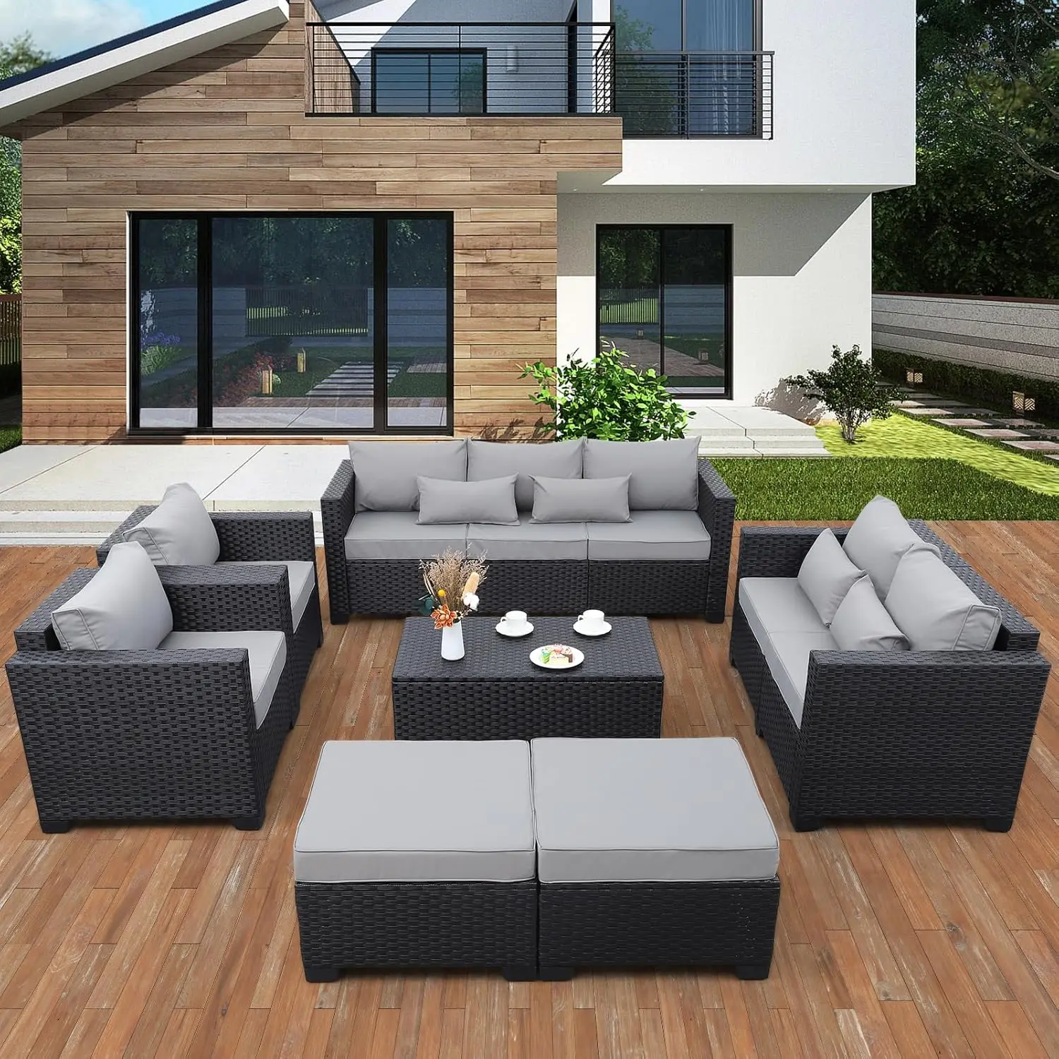 

Patio Furniture Sets 7 Pieces Outdoor Furniture Sectional Patio Couches Set With Storage Table Light Grey Cushions, Customized