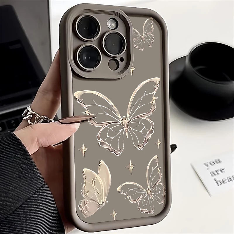 Goldene, schmetterlingsgemusterte, stoßfeste Handyhülle für iPhone 16 15 14 Pro Max 11 12 13 Pro 16E 15 16 Plus, weiche TPU-Silikonhülle