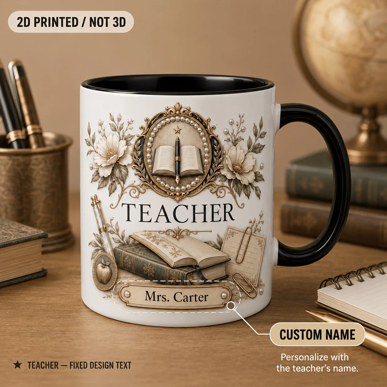 Personalized Teacher Mug 11oz Custom Name Ceramic Coffee Cup Vintage Book Pen Floral Design Educator Gift 5 Colors