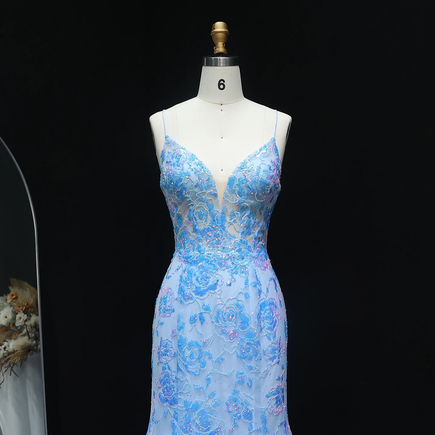 Sharon Said Affascinante corsetto blu trasparente abito da ballo lungo con cinturino per spaghetti abiti da festa da sera SH219 personalizzato