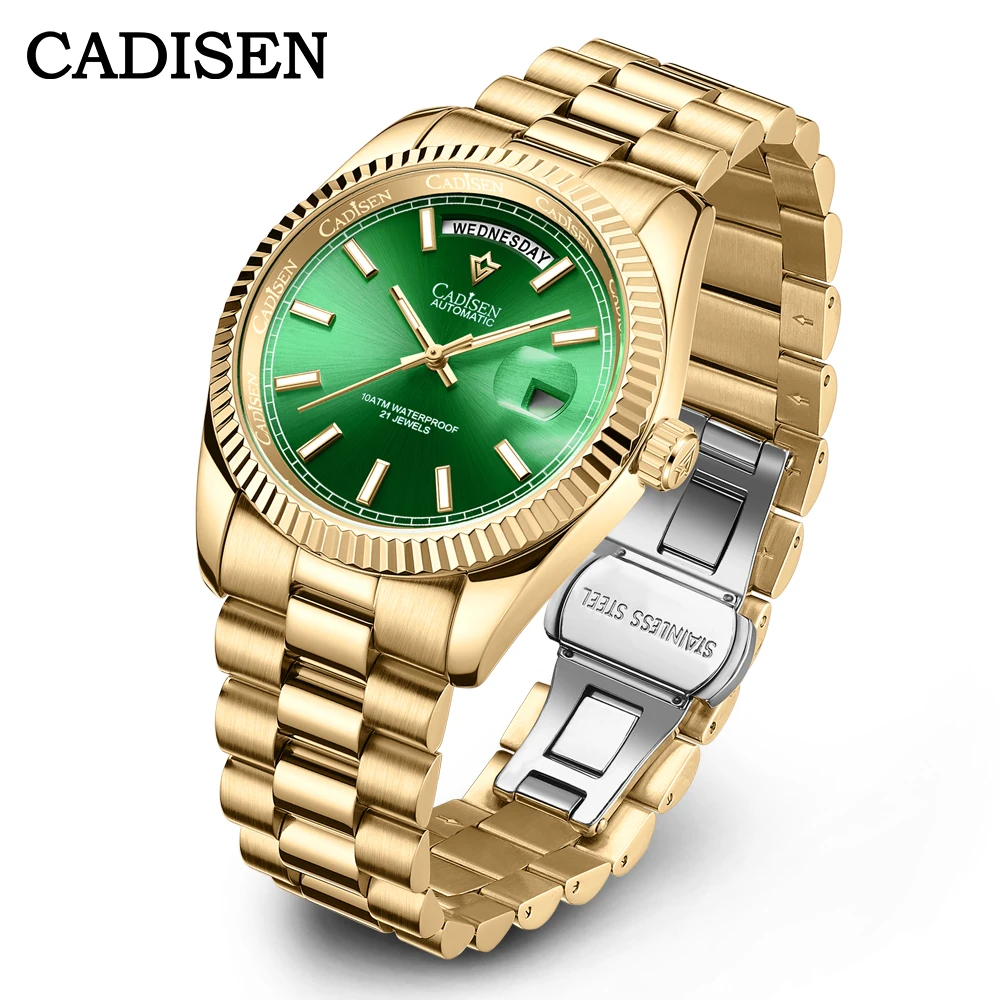 CADISEN New Week Calendar Type Men Watch 100M Waterproof Stainless steel Luxury Watch For Men AR Sapphire mirror Luminous Clock