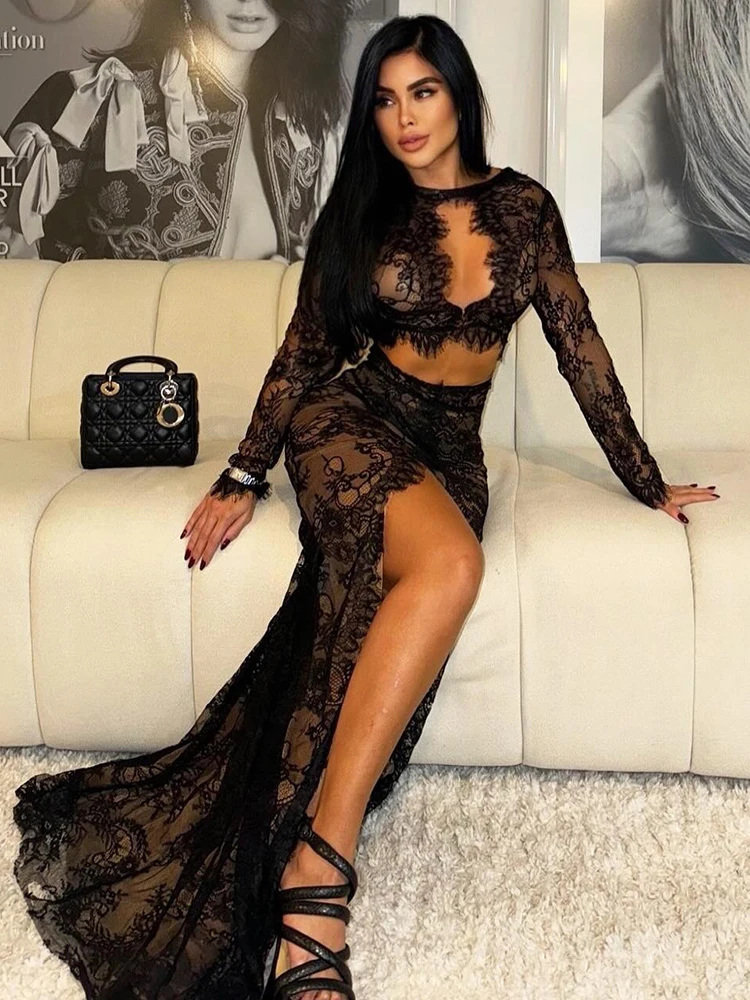 VC – robe longue découpée en dentelle noire, dos nu, fente haute, manches longues, col rond, célébrité, Slim, robes de soirée Cocktail