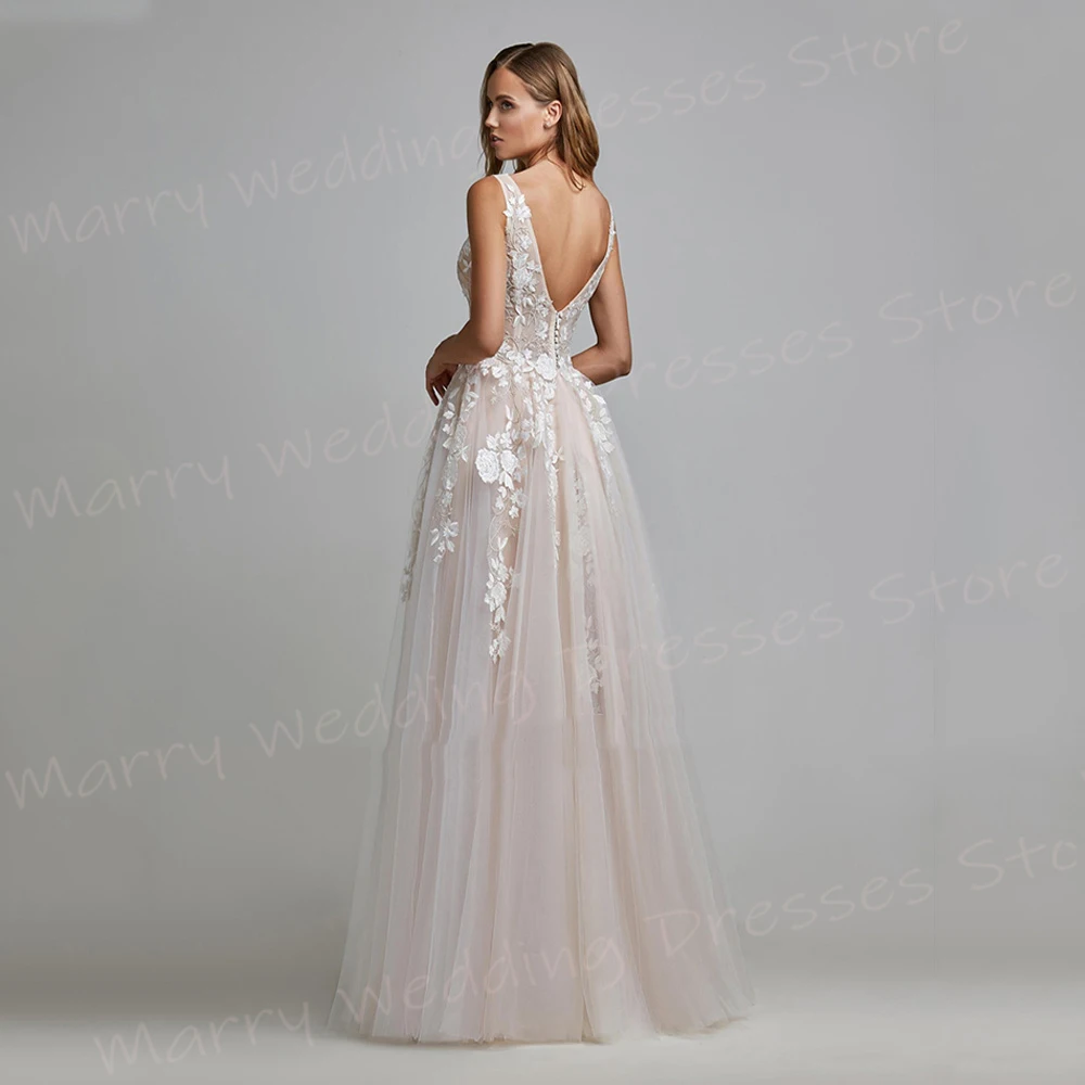 Boho Charming V Neck A Line Women's Wedding Dresses Exquisite Appliques Lace Bride Gowns Sleeveless Backless Vestidos De Novia