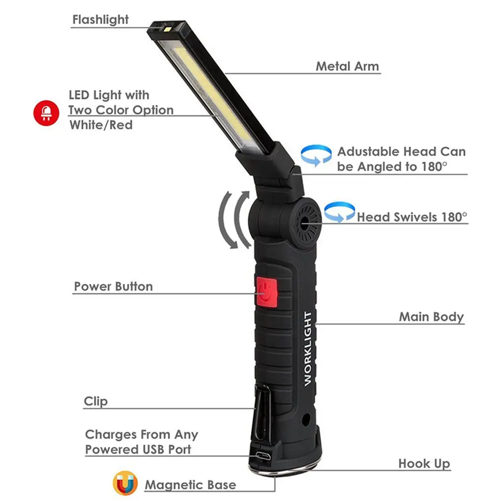 Rechargeable Camping LED Flashlight Work Light with Magnet and Hook IP64 Waterproof 5 Lighting Modes Suitable for Night Work