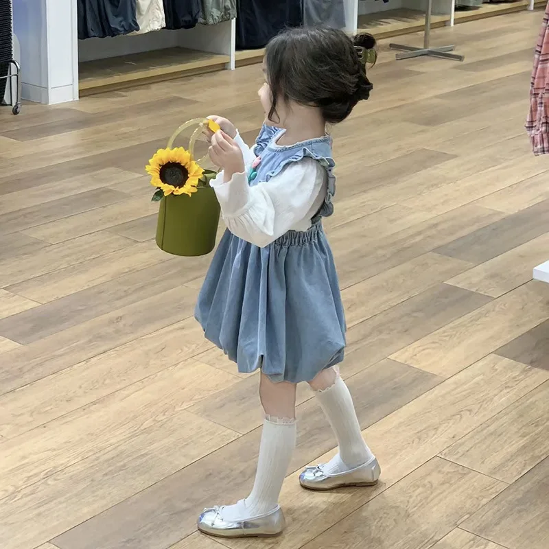 Korean Spring Little Girl 2PCS Clothes Set Solid Long Sleeve Shirt Tulip Pattern Ruffle Denim Floral Bud Sundress Baby Girl Suit