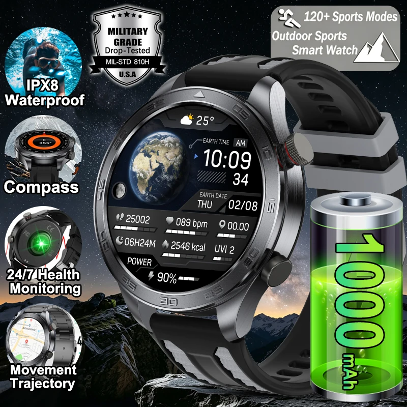 2026New Military Smart Watch Men Outdoor Sports Fitness Compass Heart Rate GPS Track IPX8 Waterproof Bluetooth Call Smartwatches