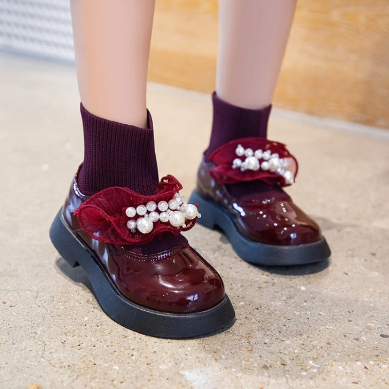 Girls Fashion Boots Patent Leather Children Elastic Socks Boots 2022 String Bead Autumn Princess Slip-On Ankle Boots Kids Shoes