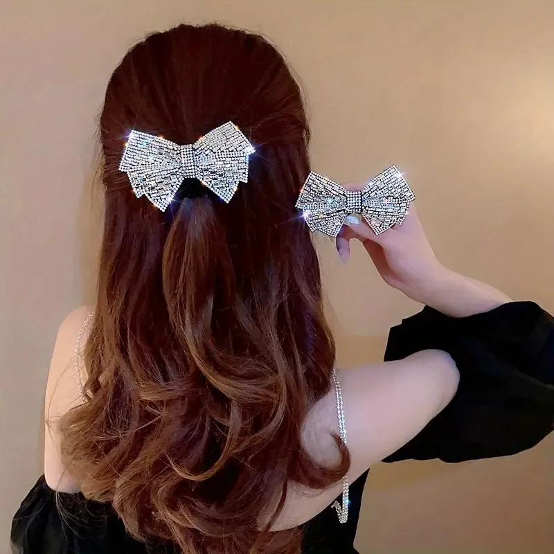 Shiny and sparkling rhinestone hair accessories - bow hair clips and elastic tie sets - fashionable daily wear for womenandgirls