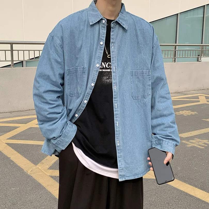 Long Sleeve Denim Shirts Men Plus Size Outerwear Oversize Japan Vintage Jeans Top Shirt Male Clothing 2023 Spring Summer