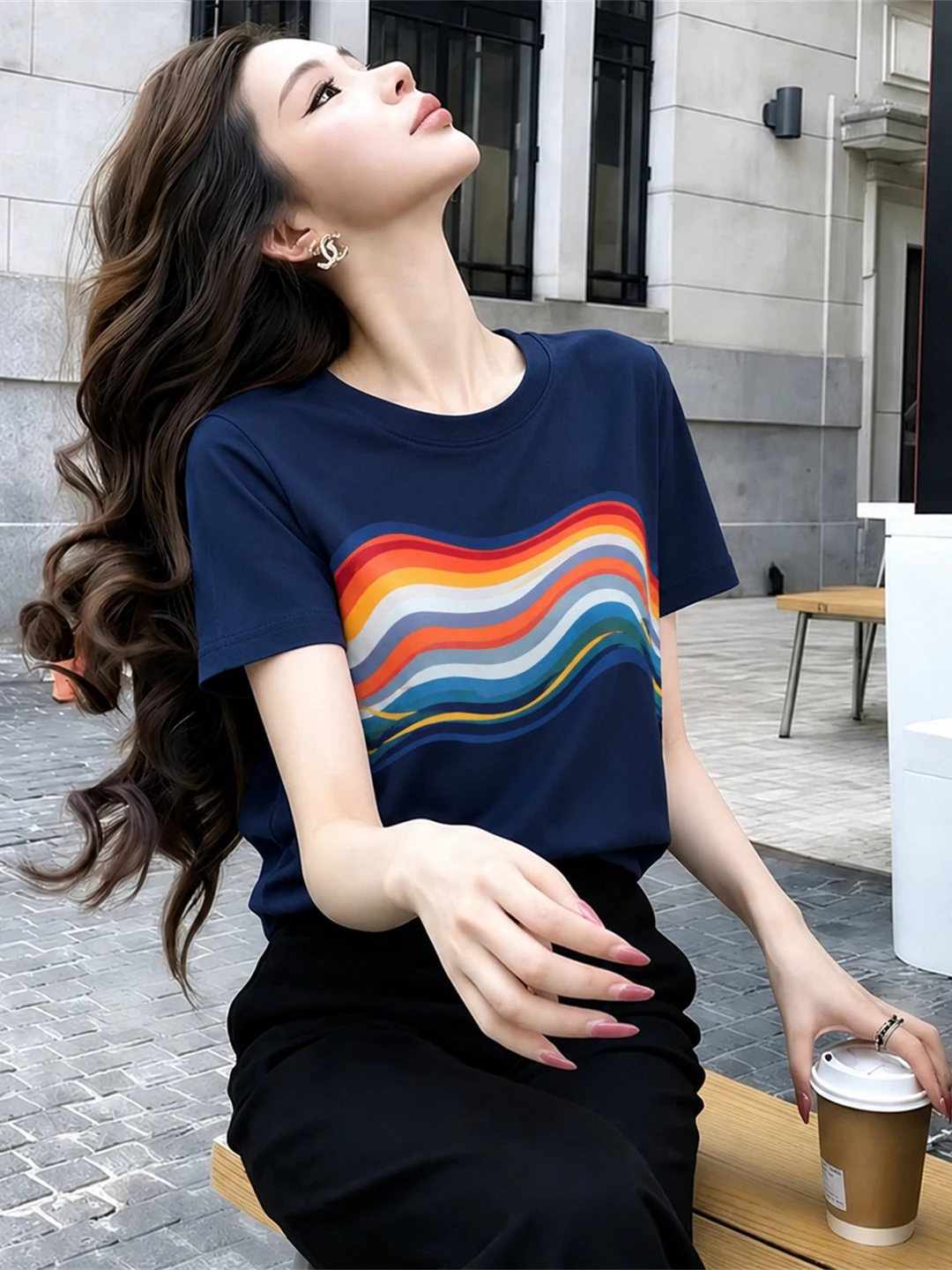 

Casual Contrast Color Short Sleeve round Neck Women's T-shirt Commute Style Slimming Versatile Top Trendy Summer Shirt