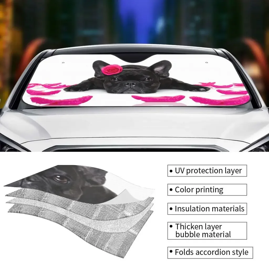 French Bulldog Car Windshield Sun Shade, Bloqueia os raios UV Sun Visor Protector, Mantenha seu veículo fresco e sem danos pára-sol