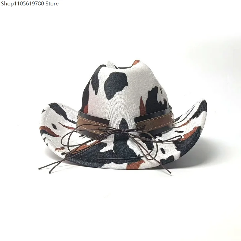 Cowboy Hat Bull Badage Men Women Classic Cow Print Wide Brim Western Travel Felt Band Decor Party Costume Fedora Roll Up Adult 4