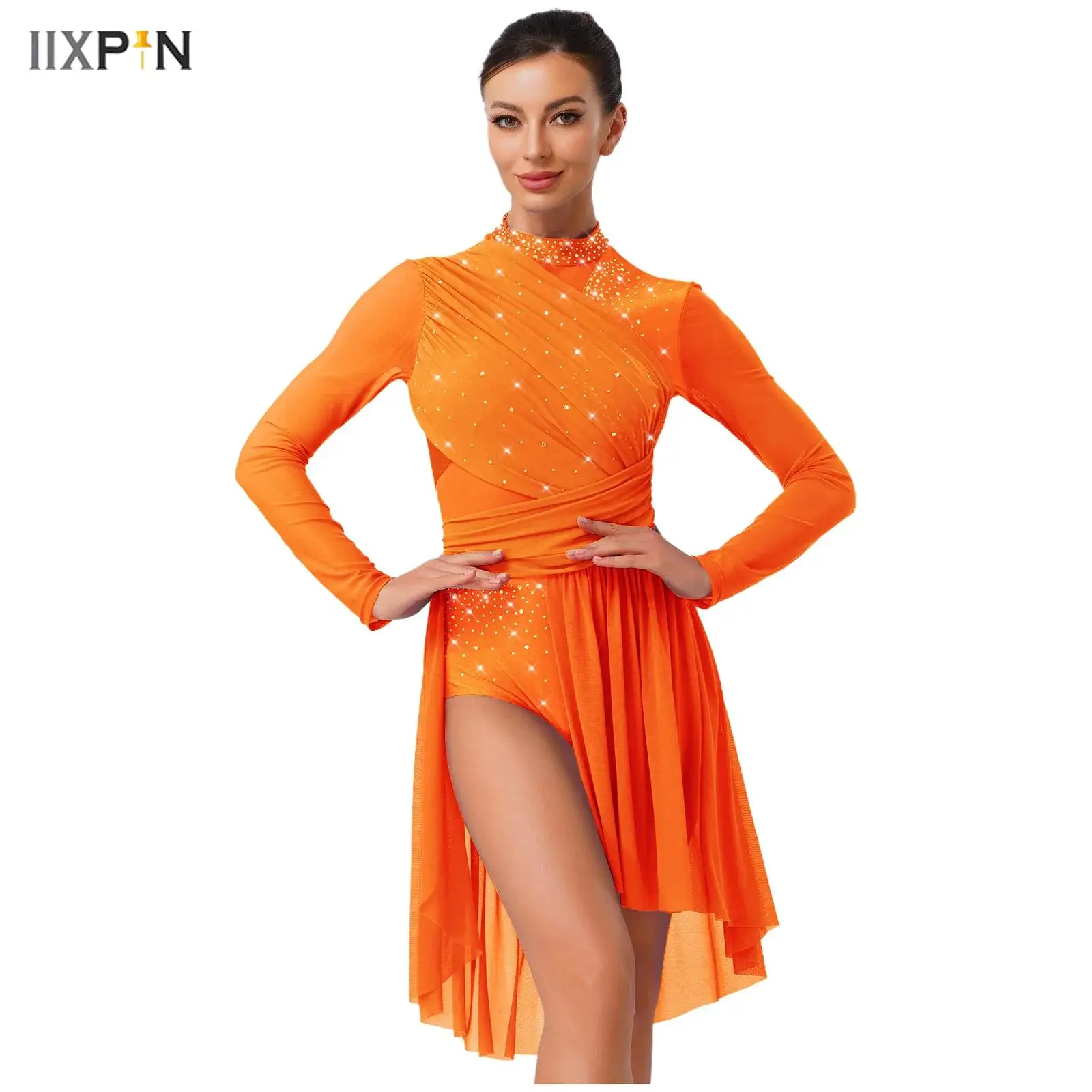 

Womens Glittery Rhinestone Lyrical Dance Dress Long Sleeve Ruched Backless One Piece Leotard Dress Contemporary Dance Costumes