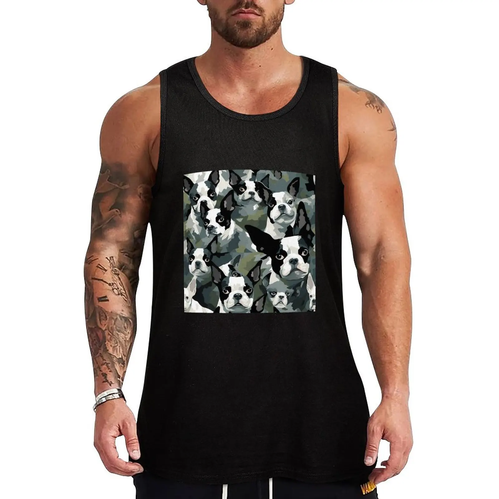 Boston Terrier in camouflage pattern Tank Top men gym clothing bodybuilding gym t-shirts man summer 2024