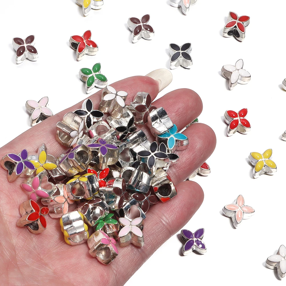 10Pcs/Lot 9.5×9.5mm Alloy Drop Oil Beads Colorful Four Petal Flower Large Hole Loose Beads For Diy Bracelet Necklace Jewelry