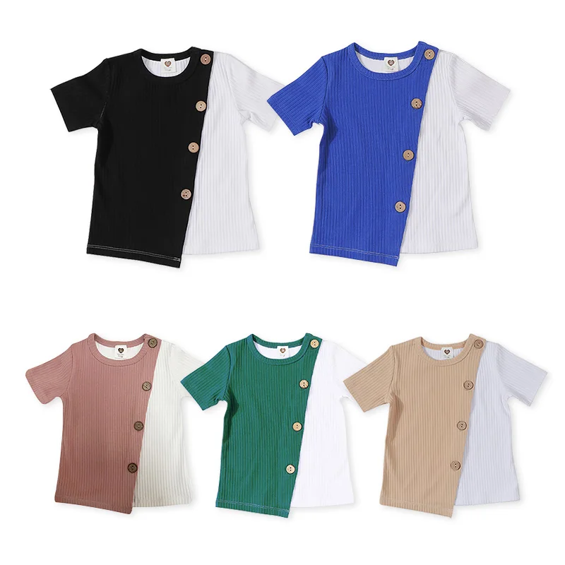 9m-7T Boy Girls' T Shirts Color Block Contrast Short Sleeve Tops Cotton Casual Summer Tees Patchwork Tops Fashion Button Tunic